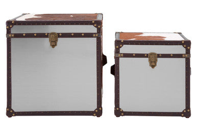 Brown and White Cowhide Storage Trunk Set with Leather Trim