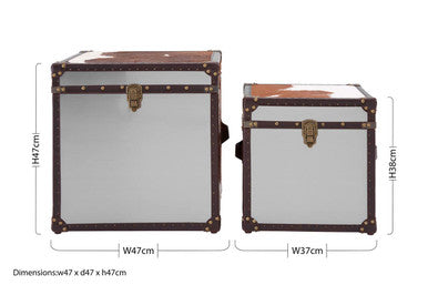 Brown and White Cowhide Storage Trunk Set with Leather Trim