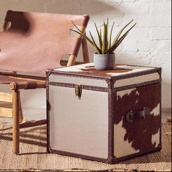 Brown and White Cowhide Storage Trunk Set with Leather Trim