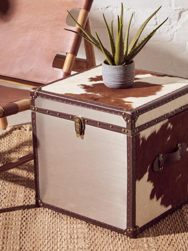 Brown and White Cowhide Storage Trunk Set with Leather Trim