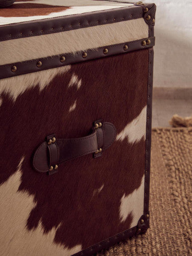 Brown and White Cowhide Storage Trunk Set with Leather Trim