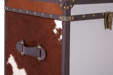 Brown and White Cowhide Storage Trunk Set with Leather Trim