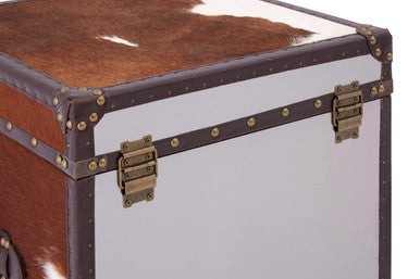 Brown and White Cowhide Storage Trunk Set with Leather Trim