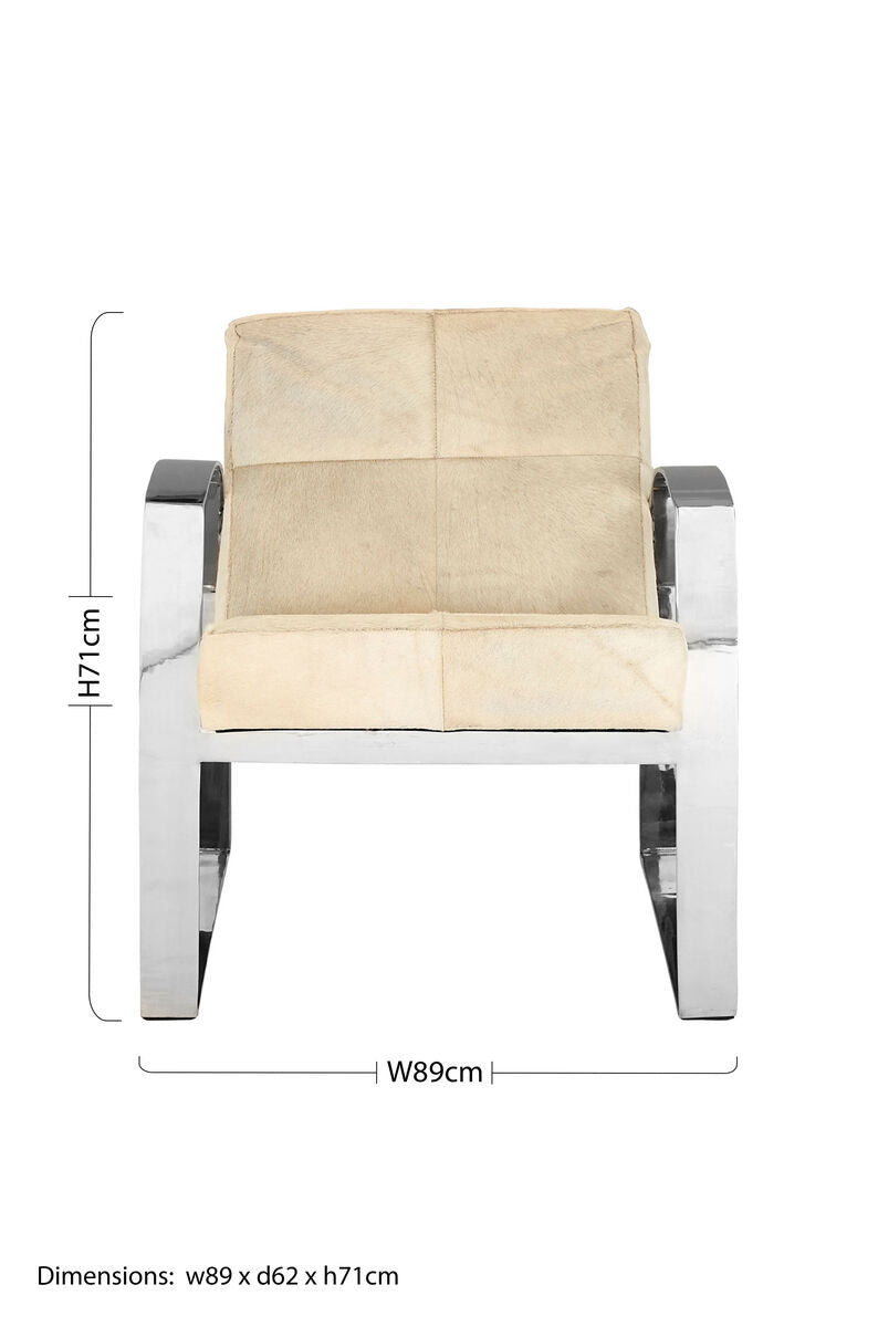 Cream Hairon Leather Lounge Chair with Steel Legs