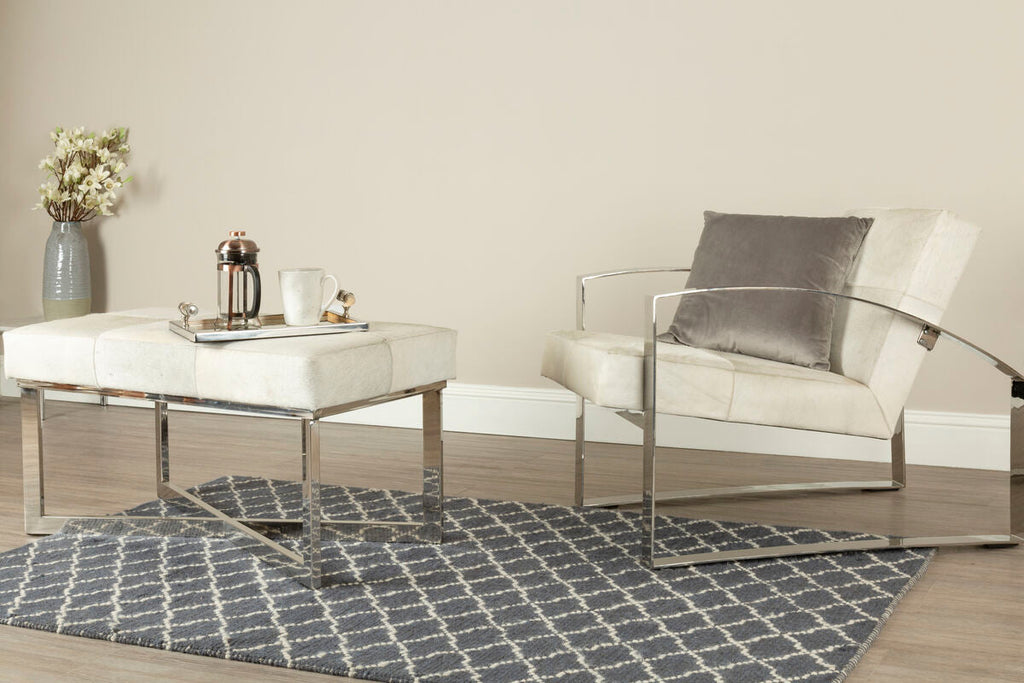 Cream Hairon Leather Lounge Chair with Steel Legs