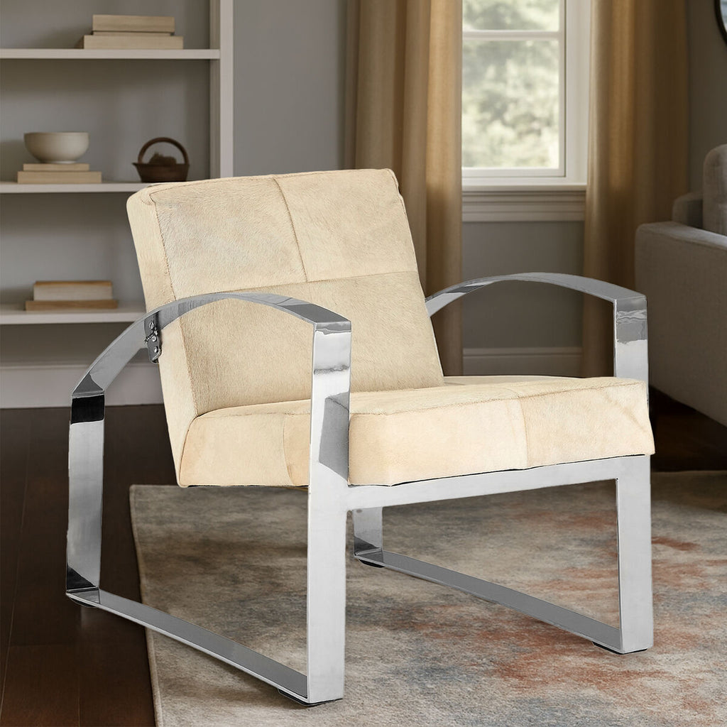 Cream Hairon Leather Lounge Chair with Steel Legs