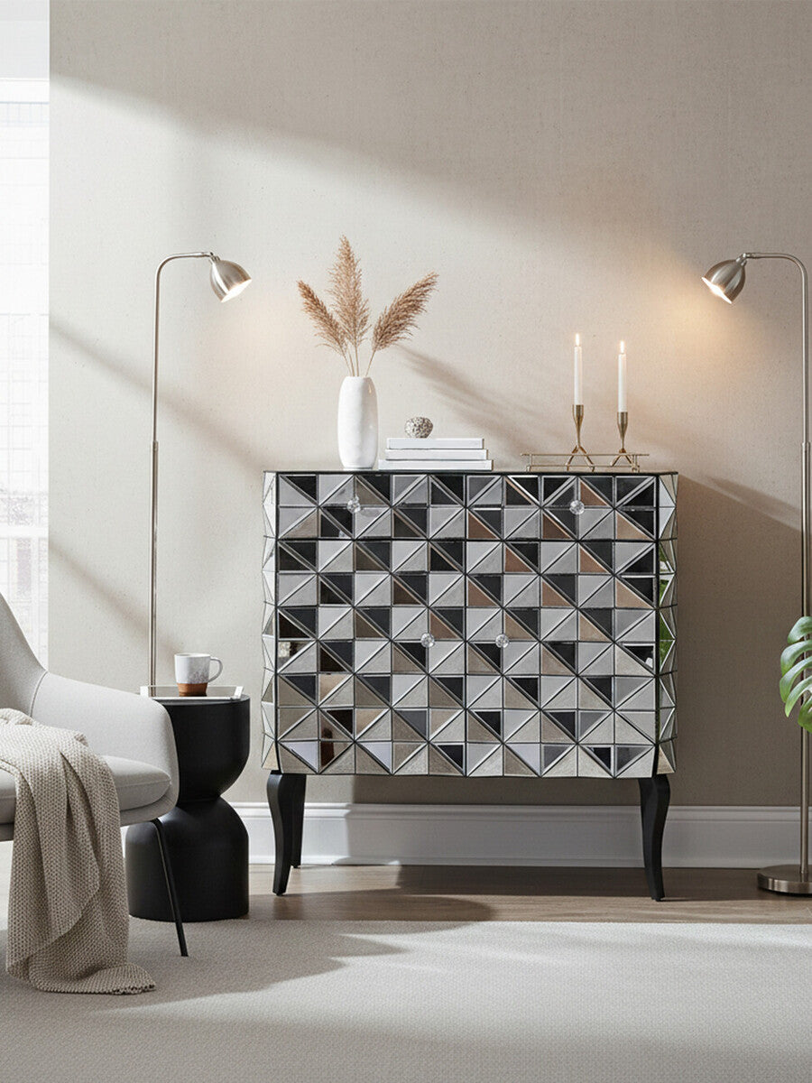 Silver Finish Cabinet with Mirrored Geometric Front