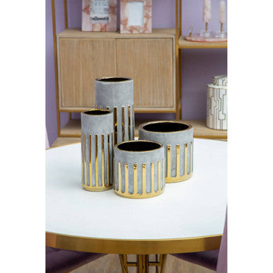 Large Grey Ceramic Vase with Metallic Veining