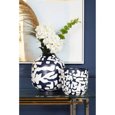 Blue Earthenware Planter with Abstract Pattern