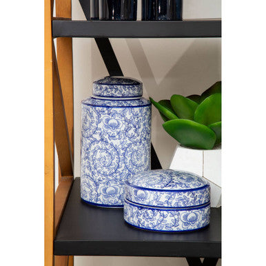 Ceramic Storage Jar with Blue Floral Pattern