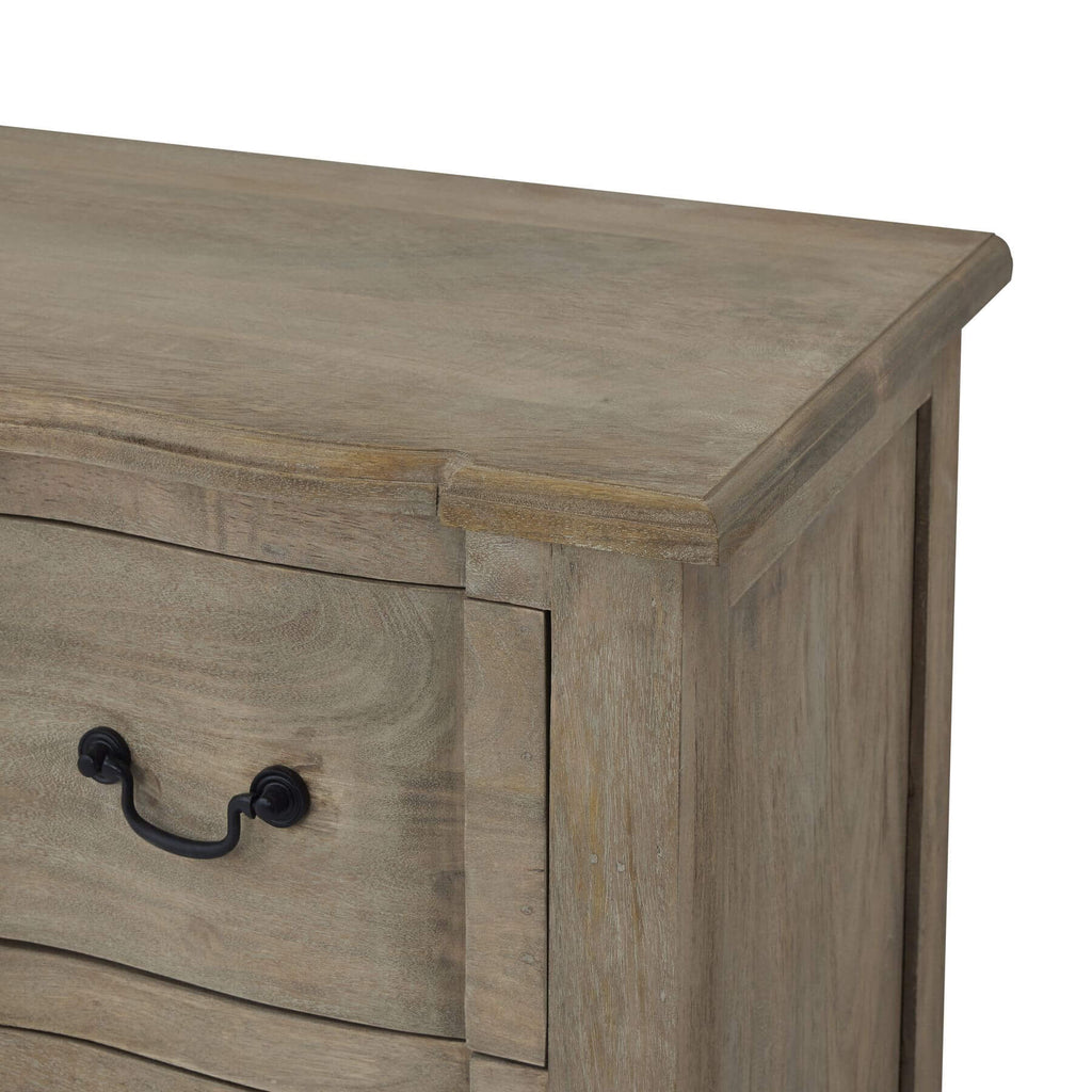 French Provincial chest with black iron handles, washed wood finish, six spacious drawers, solid hardwood construction. by Sostter at brixbailey.com