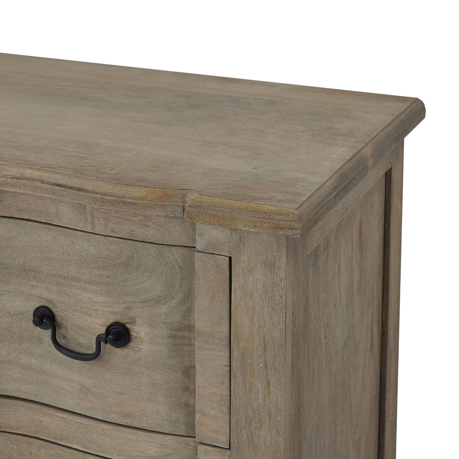 French Provincial chest with black iron handles, washed wood finish, six spacious drawers, solid hardwood construction. by Sostter at brixbailey.com