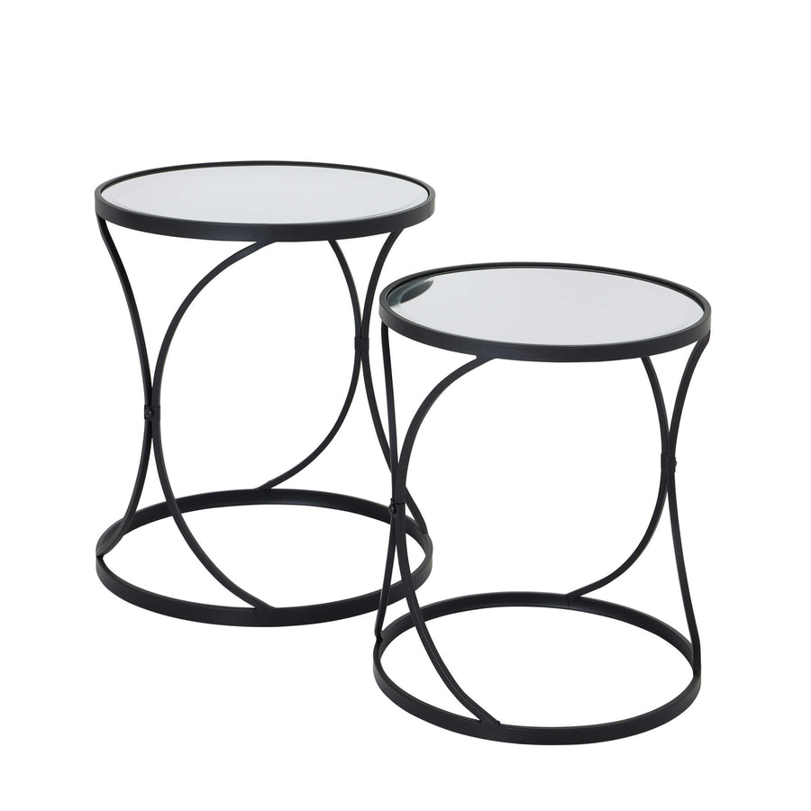 Black metal nesting side tables with mirrored glass surfaces, modern decor accent by Sostter at brixbailey.com