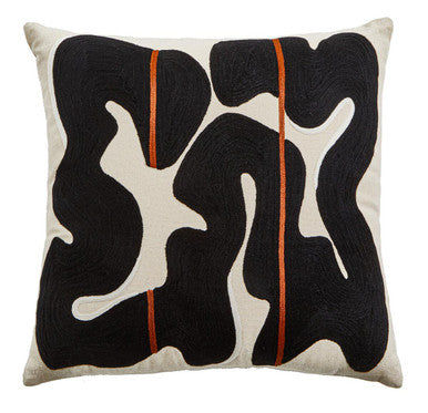 Black and Beige Embroidered Cushion with Orange Accent