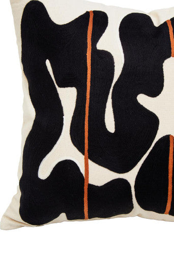 Black and Beige Embroidered Cushion with Orange Accent