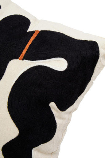 Black and Beige Embroidered Cushion with Orange Accent