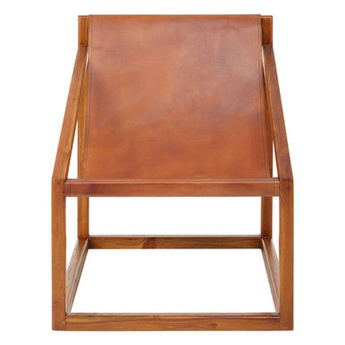 Kendari Brown Leather and Teak Wood Sling Chair