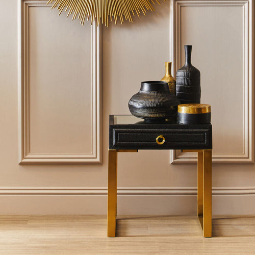 1 Drawer Faux Shagreen Side Table in Black and Gold