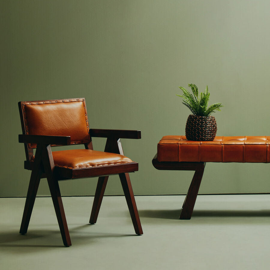 Brown leather chair and stool from UK independent brand Orsina at Sostter