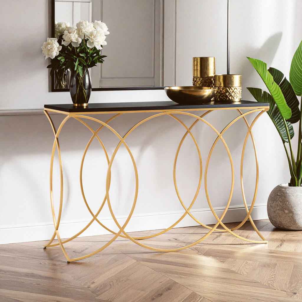 Black Marble Top Console Table with Curved Gold Frame