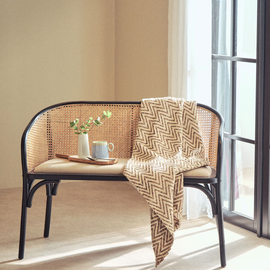 Cebu Natural and Black Cane Woven Bench