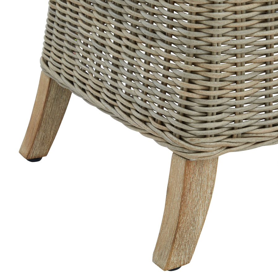 Beige Capri outdoor dining chair with HDPE wicker, powder-coated aluminum frame, and acacia wood feet, includes Olefin cushion by Sostter at brixbailey.com