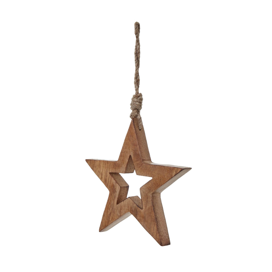 Handcrafted whitewashed wooden hanging star decoration with warm brown distressing, farmhouse-style home decor by Sostter at brixbailey.com