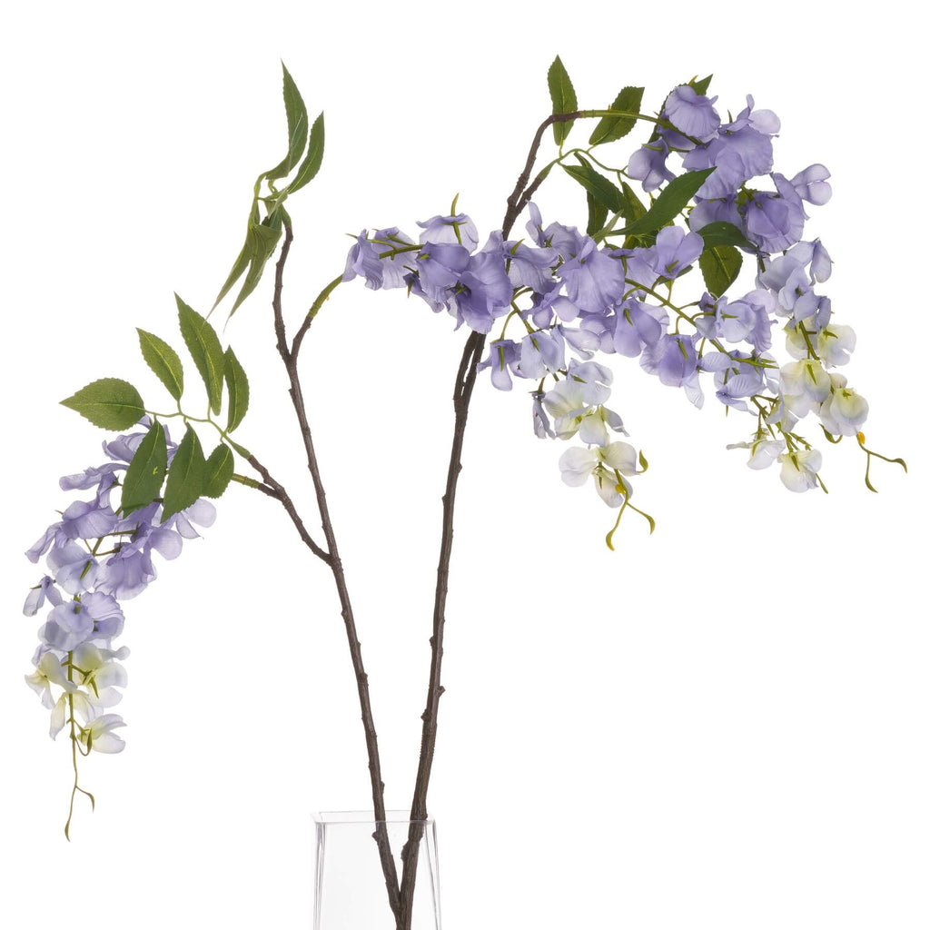 Lifelike artificial lilac wisteria with cascading clusters, soft purple gradient blooms on realistic plastic stems by Sostter at brixbailey.com