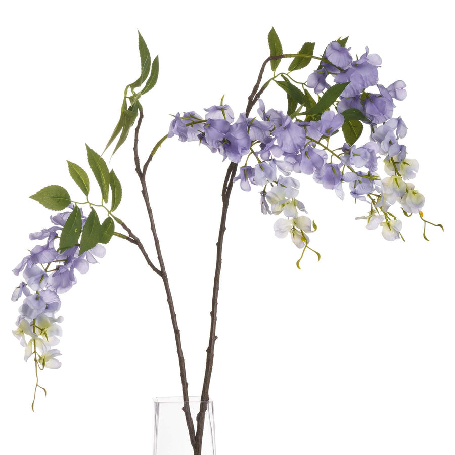 Lifelike artificial lilac wisteria with cascading clusters, soft purple gradient blooms on realistic plastic stems by Sostter at brixbailey.com