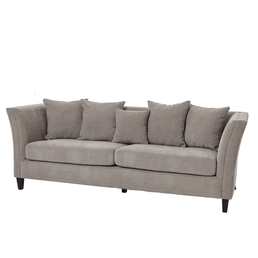 Vesper taupe three-seater sofa with plush cushions and solid wood frame in a clean-lined, timeless design by Sostter at brixbailey.com