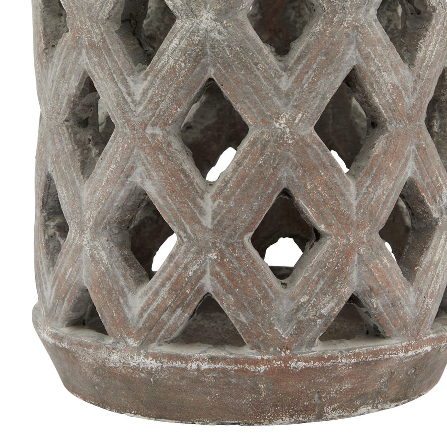 Handcrafted Siena brown ceramic lattice lantern casting intricate shadow patterns, 23cm height, Mediterranean-style decor by Sostter at brixbailey.com
