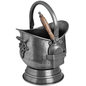 Antique pewter coal bucket and shovel set with floral embossing, weathered patina, and curved handle for rustic home decor by Sostter at brixbailey.com