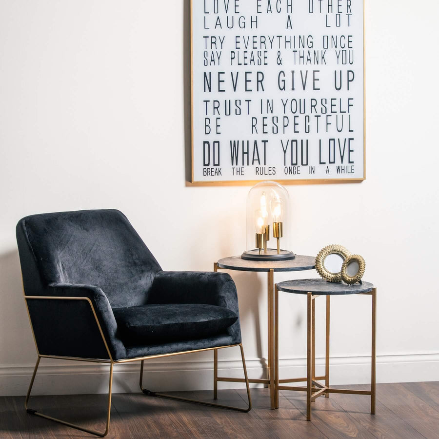 Black marble nesting tables with gold metal base, elegant swirling patterns, modern luxury home decor by Sostter at brixbailey.com