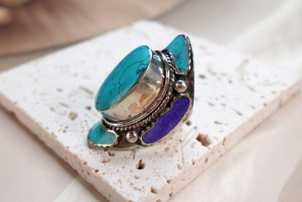 Large Ethnic Tibetan Silver Rings, Turquoise, Coral & Lapis Inlay Rings.