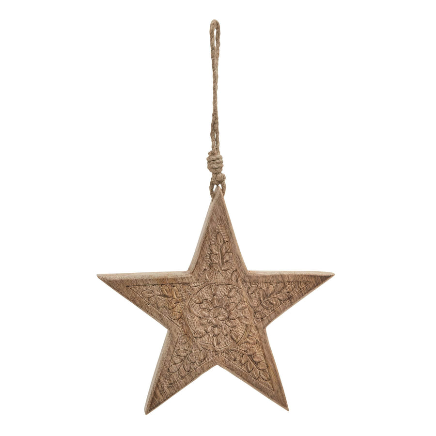 Handcrafted wooden star decor with geometric patterns, natural wood grain, and warm brown finish for holiday or wall display by Sostter at brixbailey.com