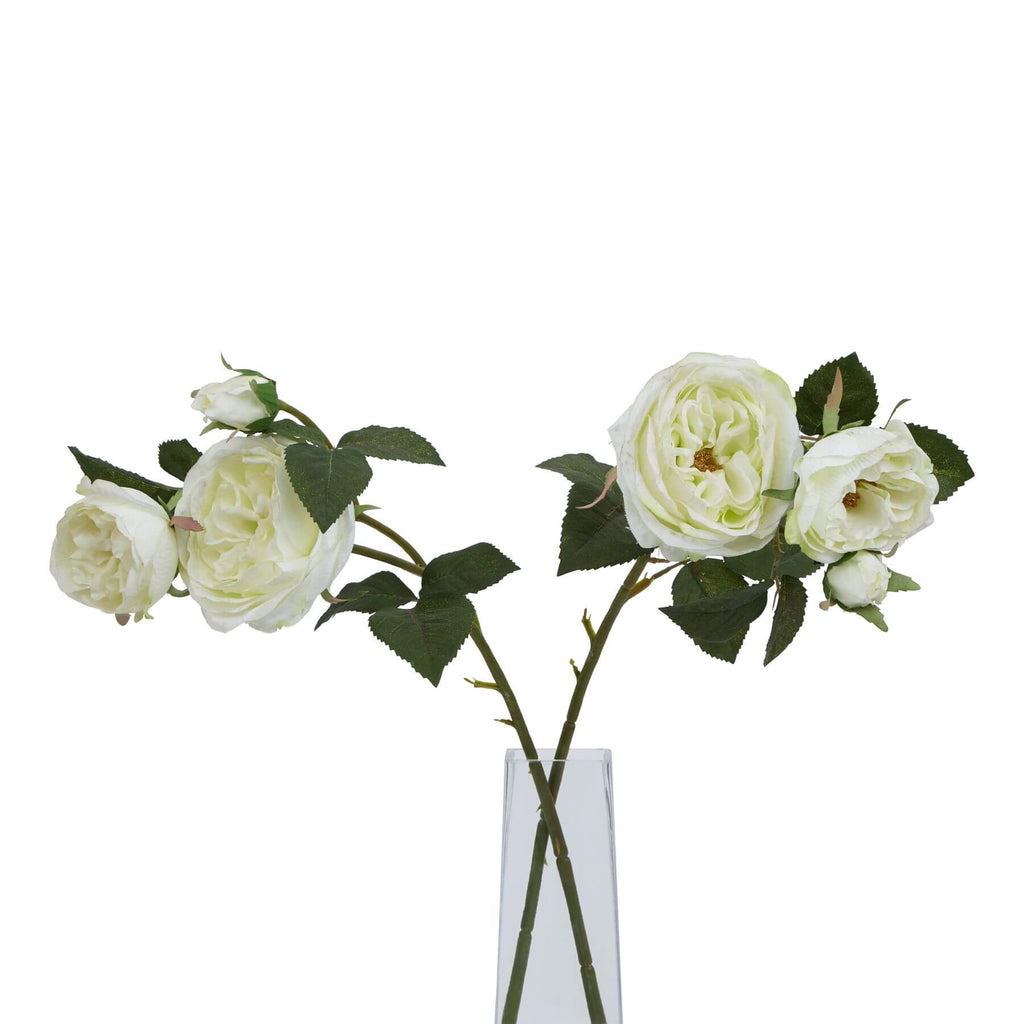 Artificial white charity rose with creamy petals and green foliage, lifelike botanical decor for farmhouse or Scandinavian interiors. by RoomLondon at brixbailey.com