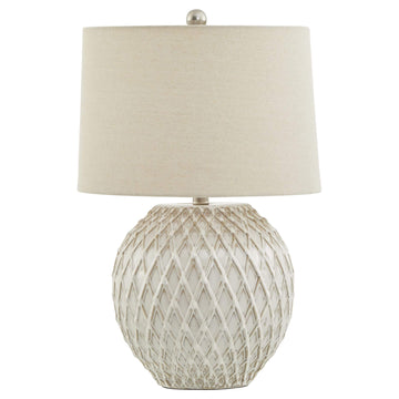 White ceramic lattice table lamp with linen shade, handcrafted for modern or traditional decor, warm ambient lighting by Sostter at brixbailey.com