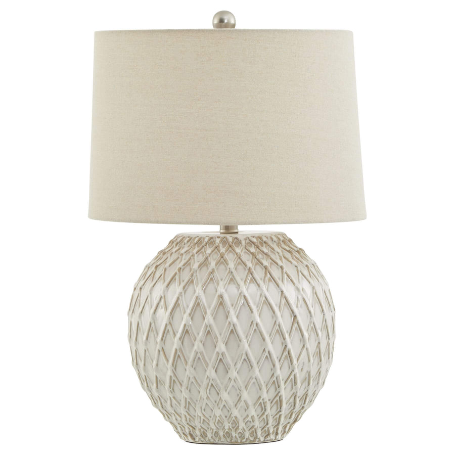 White ceramic lattice table lamp with linen shade, handcrafted for modern or traditional decor, warm ambient lighting by Hill Interiors at brixbailey.com