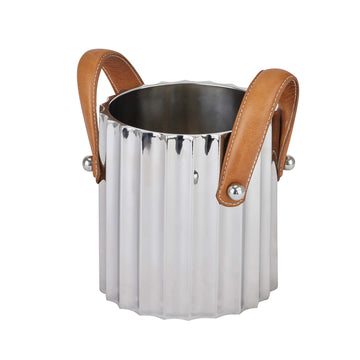 Silver fluted champagne cooler with leather handles, stainless steel construction, and light-reflecting ridges. by Sostter at brixbailey.com