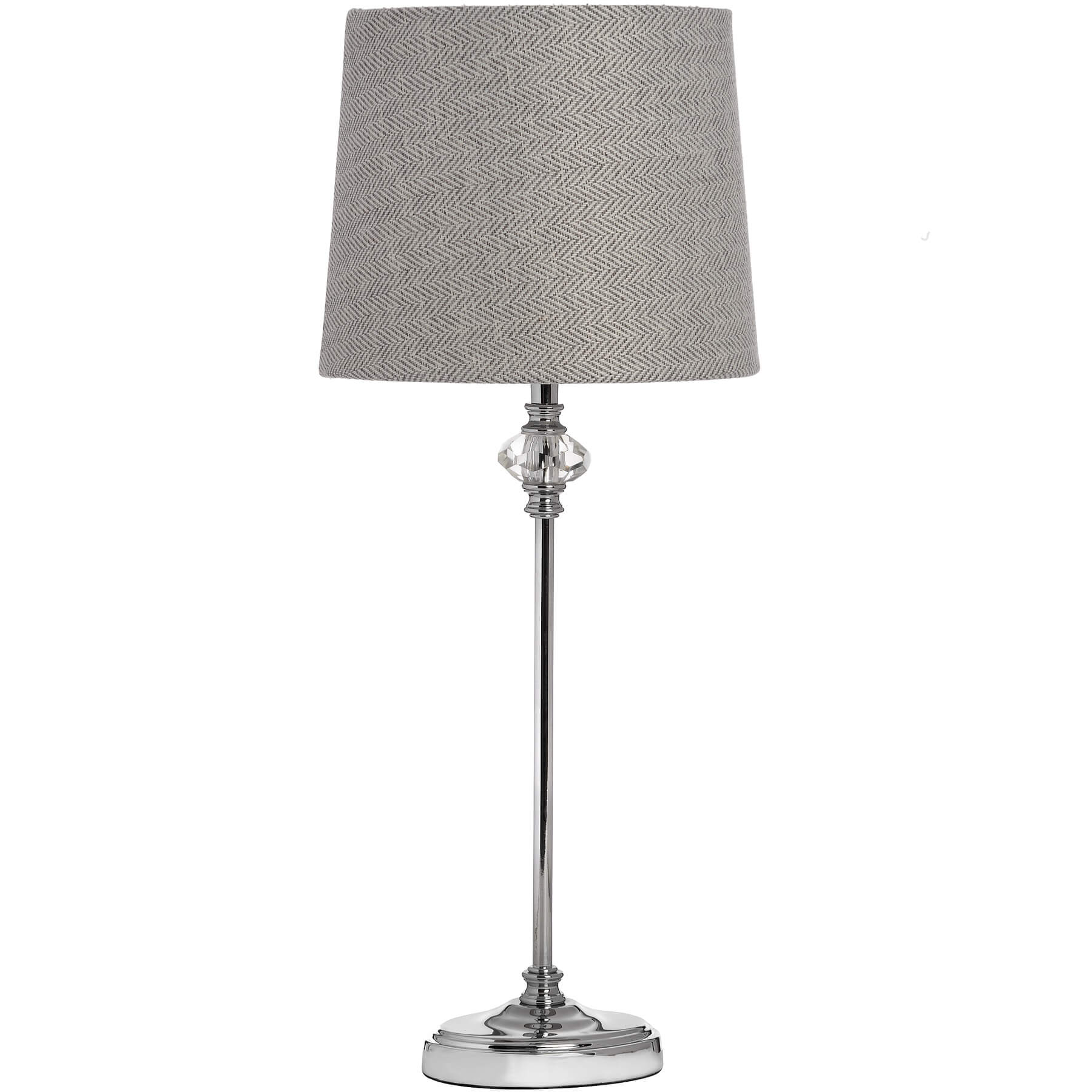 Handcrafted glass table lamp with chrome accents and grey-white herringbone shade, sophisticated silver finish. by Sostter at brixbailey.com