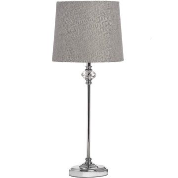 Handcrafted glass table lamp with chrome accents and grey-white herringbone shade, sophisticated silver finish. by Hill Interiors at brixbailey.com