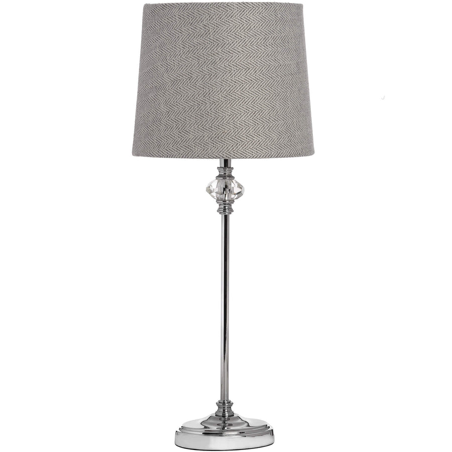 Handcrafted glass table lamp with chrome accents and grey-white herringbone shade, sophisticated silver finish. by Hill Interiors at brixbailey.com