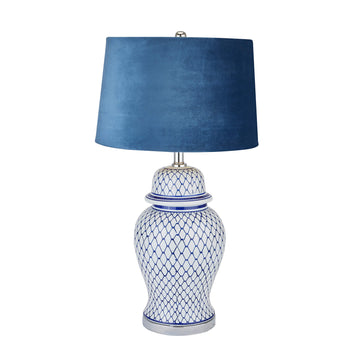 Blue and white ceramic ginger jar lamp with hand-painted motifs and plush velvet shade, 76cm tall   

âœ… **Keywords included:** ceramic, ginger jar lamp, blue and white, hand-painted, velvet shade  
âœ… **Clear description:** Visually details the lampâ€™s materials, colors, and distinctive features  
âœ… **SEO & accessibility optimized:** Concise yet descriptive for both search engines and screen readers by Sostter at brixbailey.com