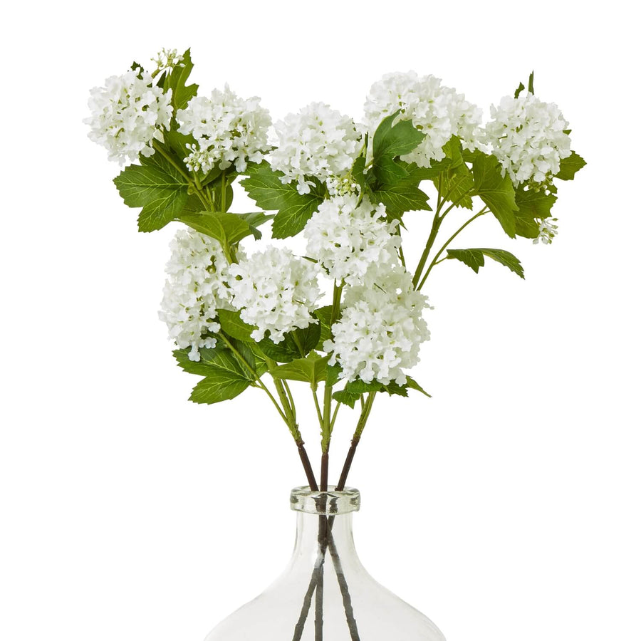 Cream white faux snowball viburnum spray with green foliage, 30-inch lifelike floral arrangement for home decor by Sostter at brixbailey.com