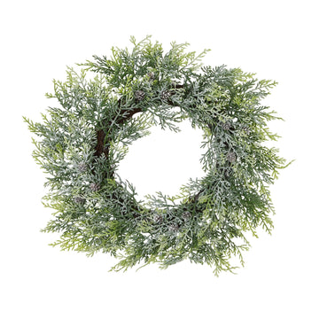Frosted pine wreath with lifelike winter frost effect, pinecones, and elegant white-green accents, 55cm diameter. by Sostter at brixbailey.com