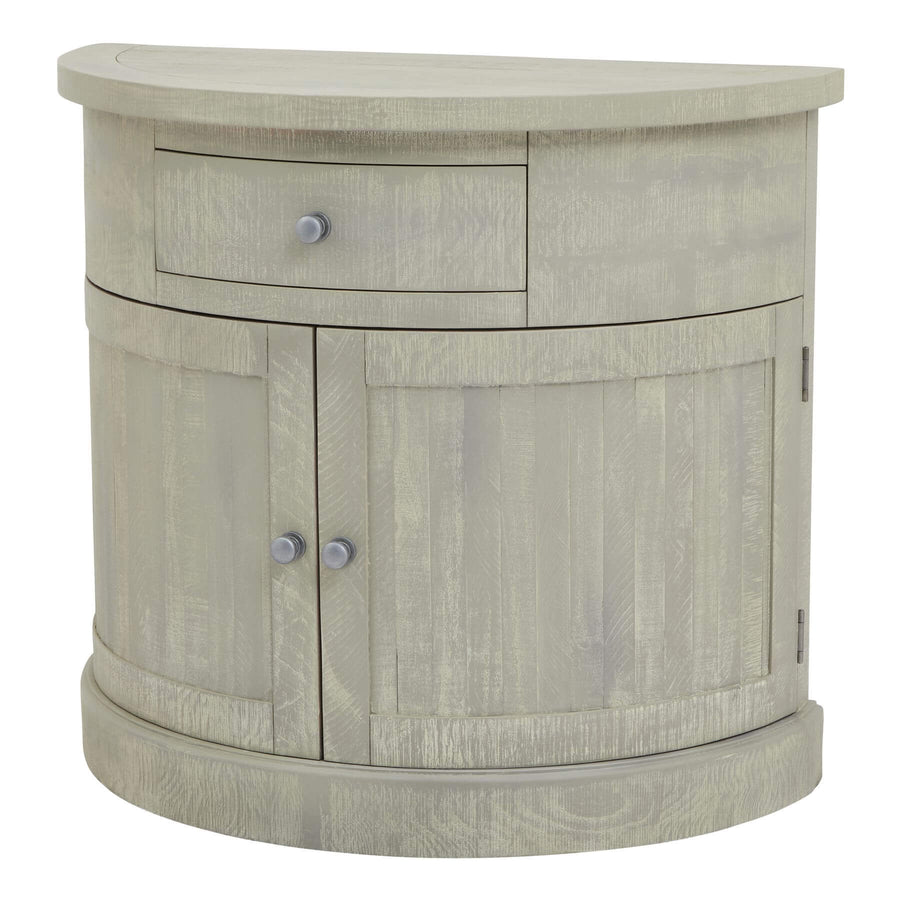 Hand-finished half-moon cupboard in warm grey weathered pine, modern organic design with curved silhouette by Sostter at brixbailey.com
