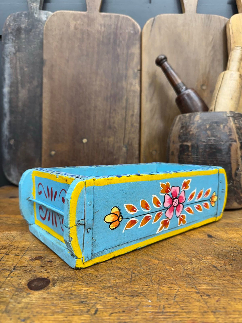 Blue Wooden Painted Brick Mould / Decorative Herb Planter / Storage Box Tray A