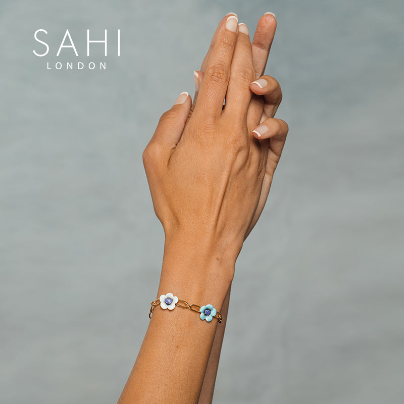 Monster Enamel Flower Adjustable Bracelet in Blue and White