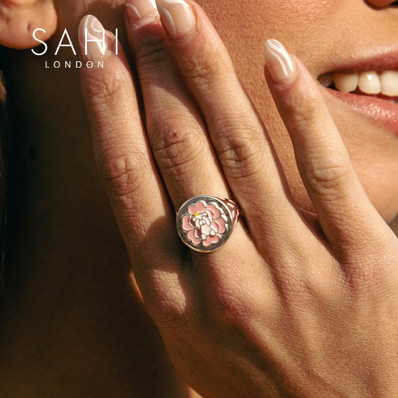 Gold Enameled Camellia Bear Ring