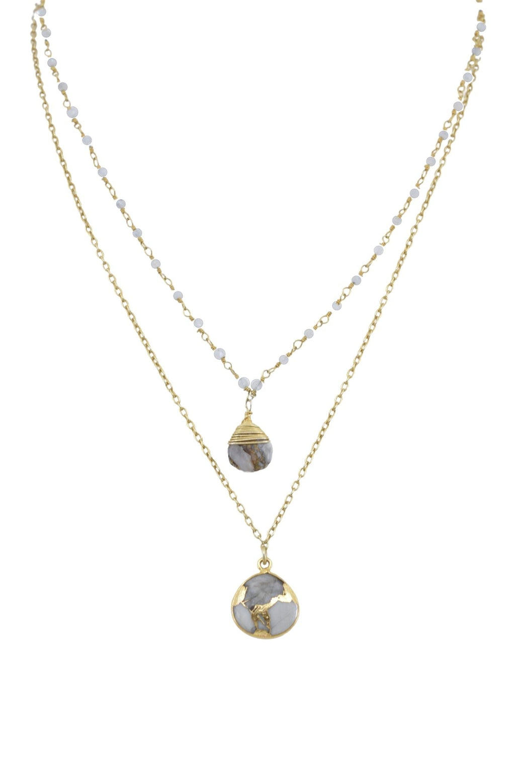 Double Strand Moonstone and Turquoise Gold Necklace